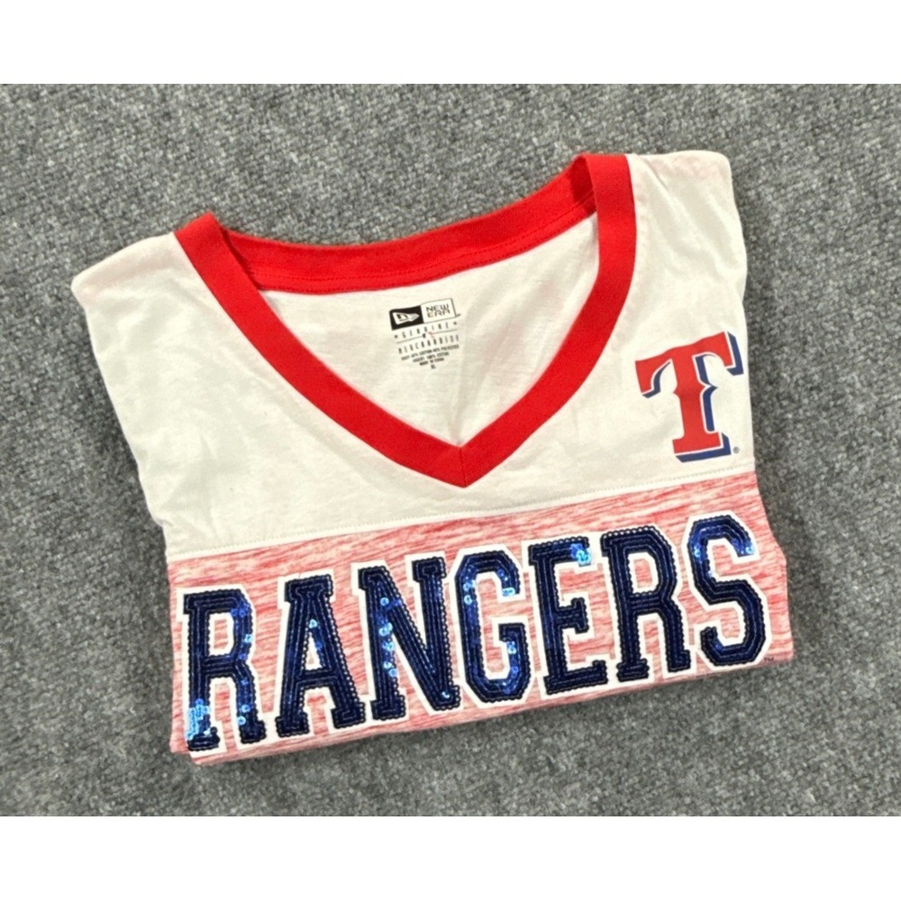 New Era Texas Rangers Shirt Womens XL Red Sequin Logo V Neck MLB Baseball